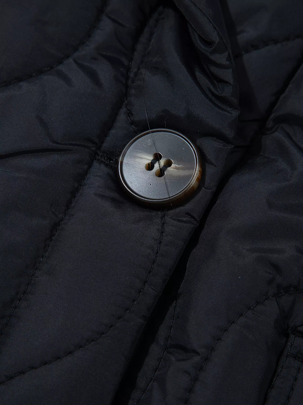 Quilted Leopard Cuff Button Down Puffer Jacket in black, construction detail