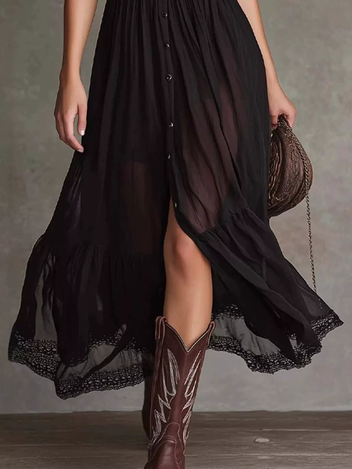 Black button-down midi dress with lace trim, skirt and lace hem detail