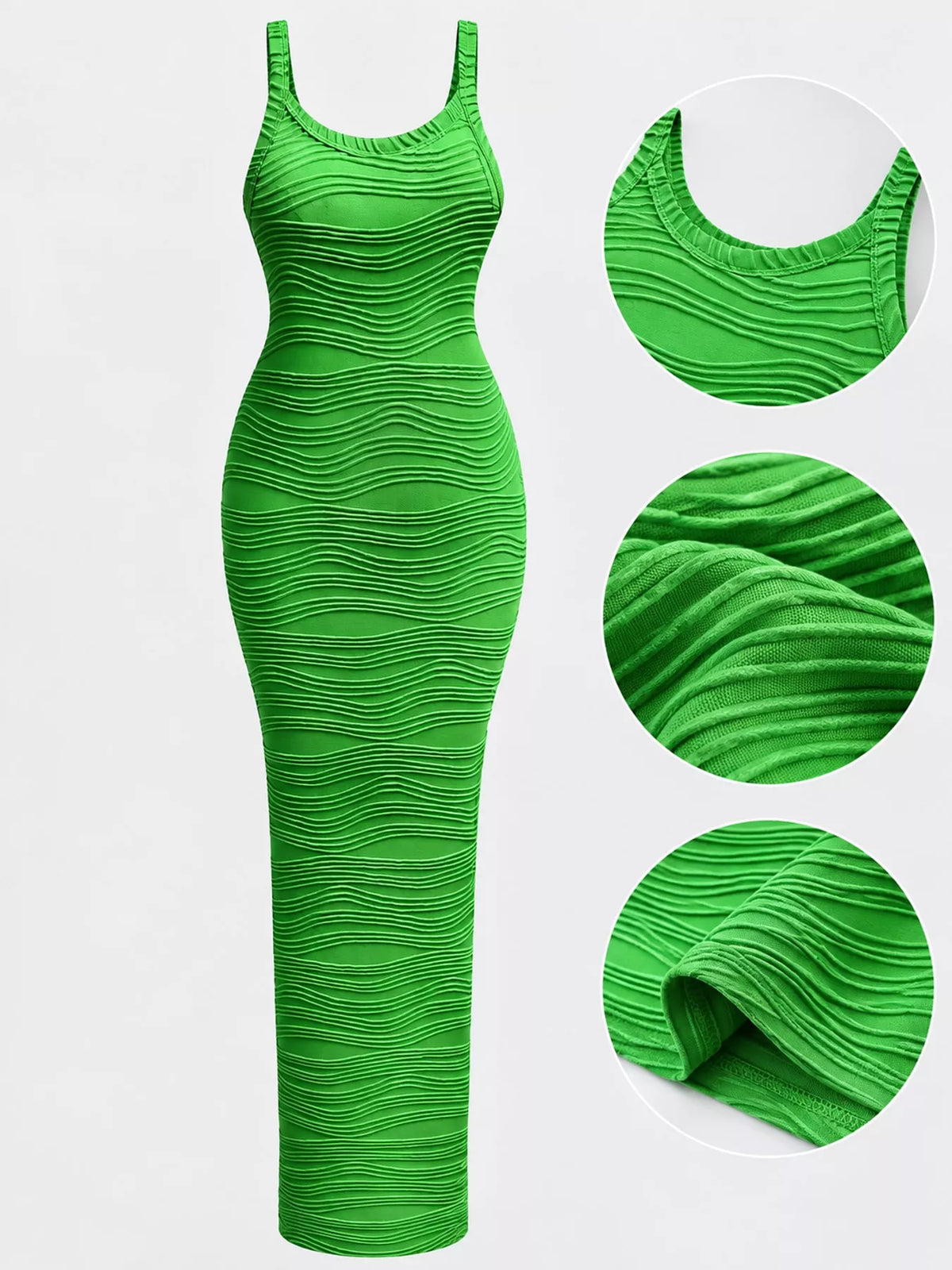 Bodycon maxi dress, green wavy-print neckline fabric and hem details