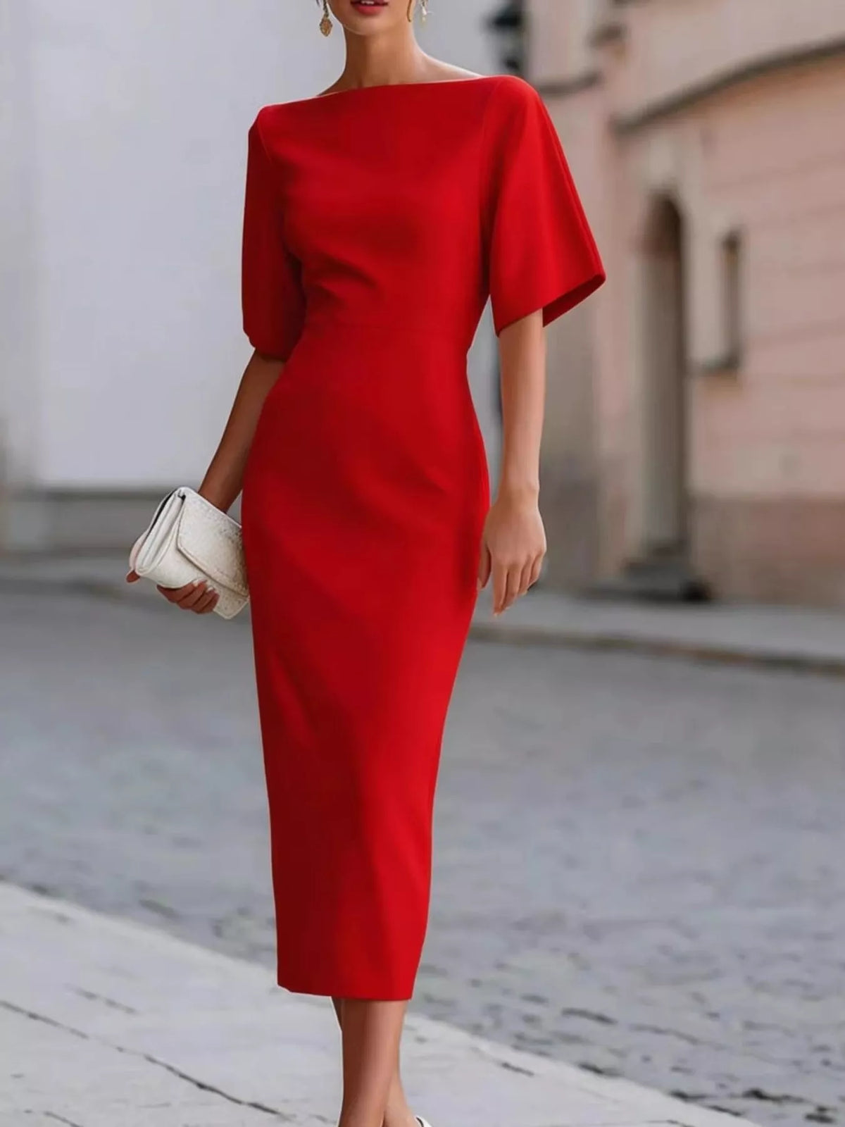 Boat neck short sleeve midi dress, front view on model