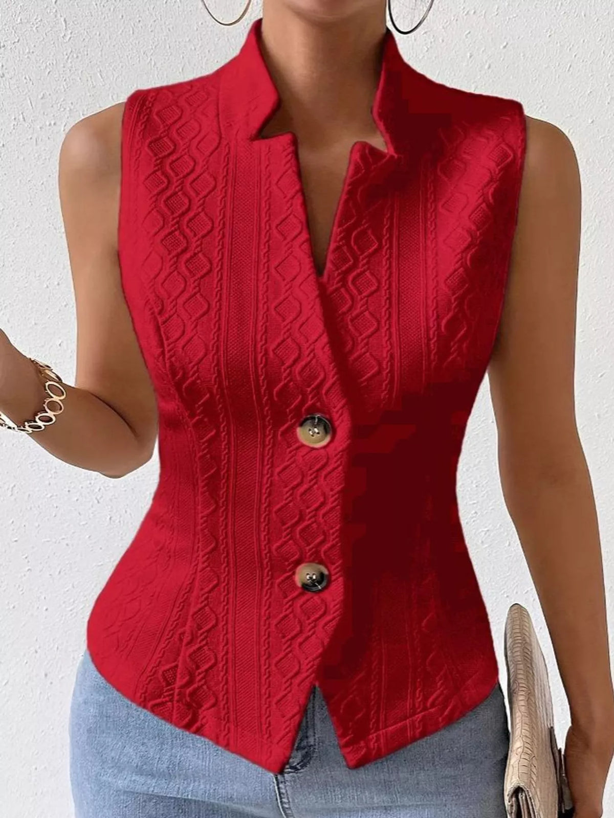 Textured Button-Down Vest in red, front view