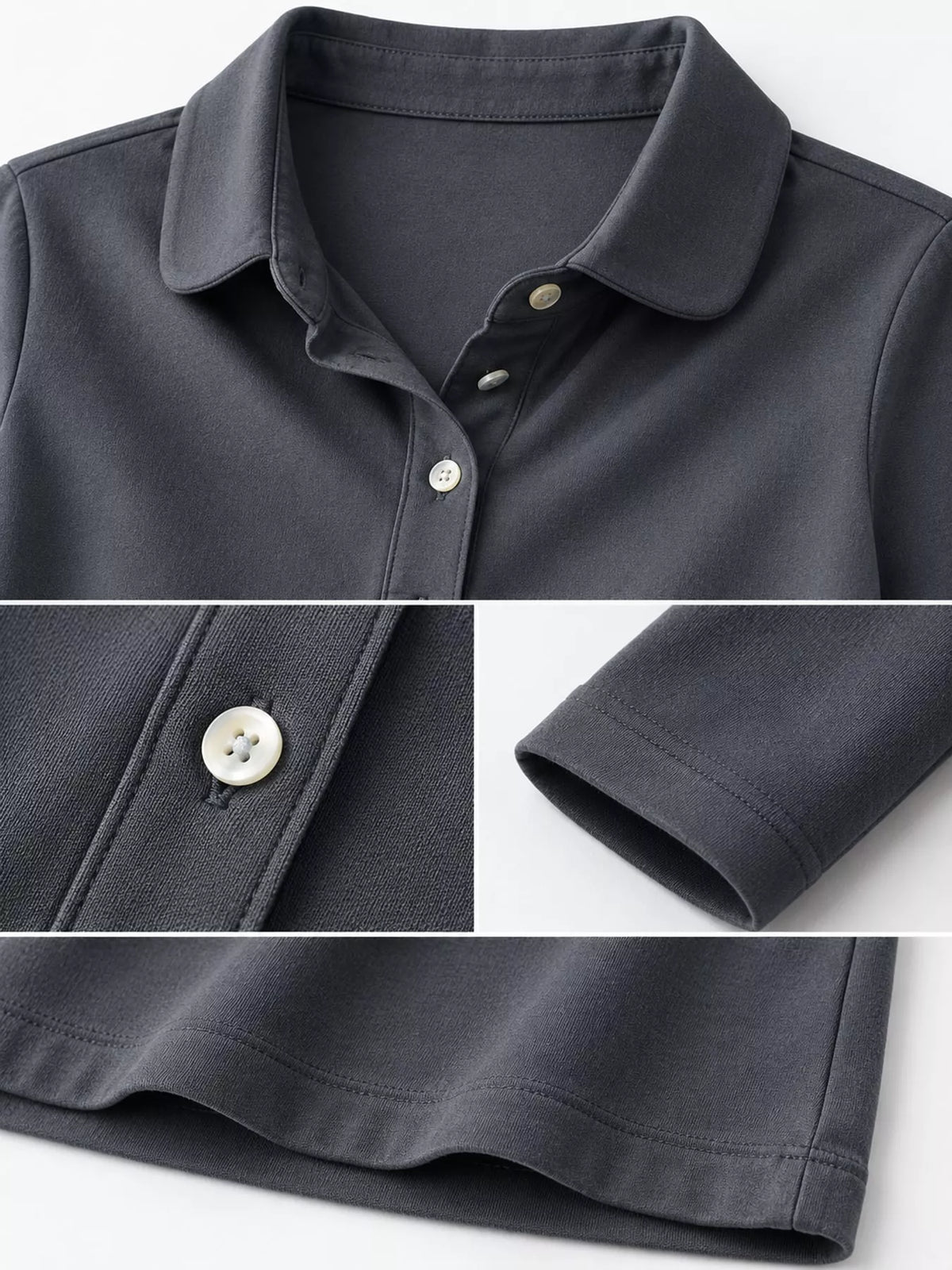 Gray button-down shirt, collar, buttons, sleeve, and hem close-ups