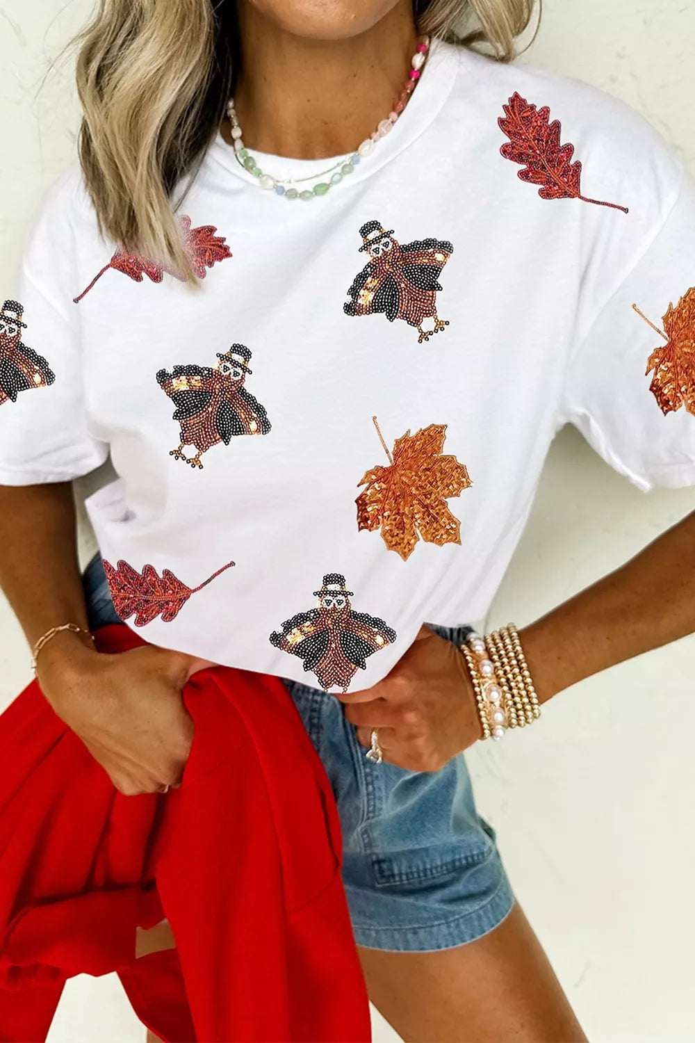 Sequin Autumn Leaf and Turkey Graphic T-Shirt in white, graphic detail