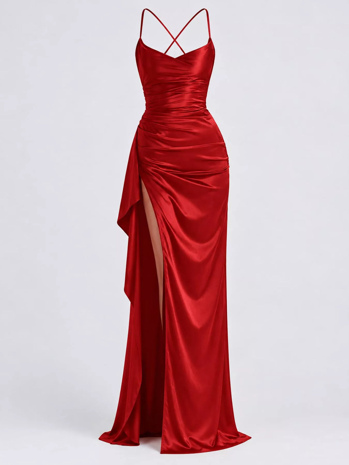 Red satin ruched high slit maxi dress, front view