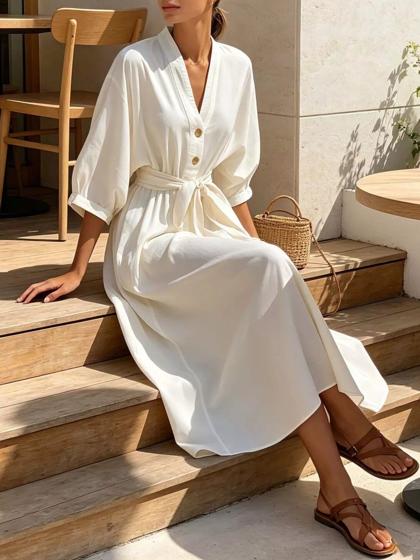 Trendsi Full Size Tie Waist V-Neck Midi Dress Plus Size -
