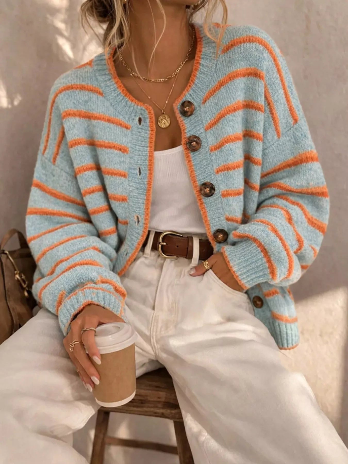 Trendsi Striped Button-Down Knit Cardigan -