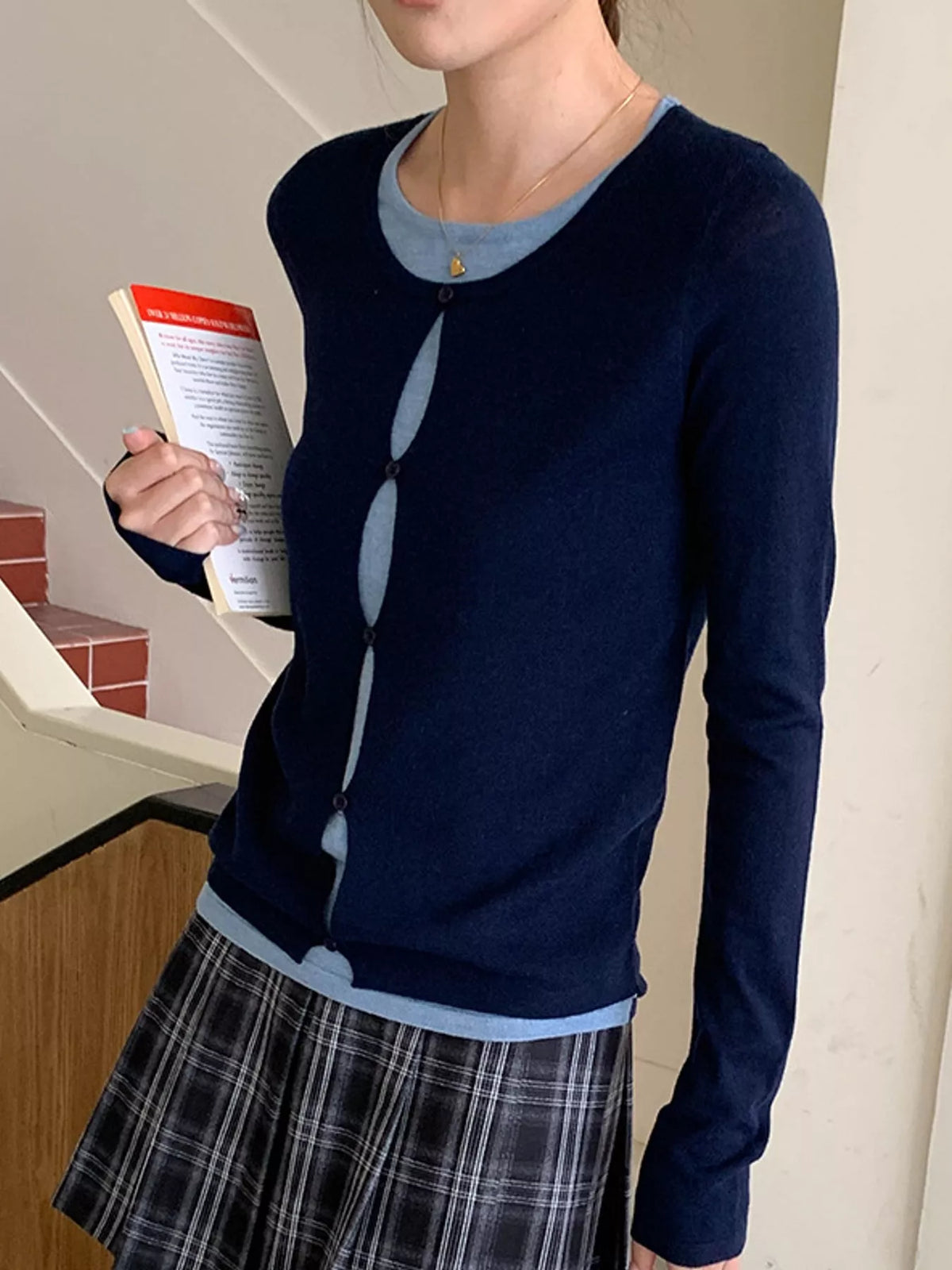 Layered knit top, navy front