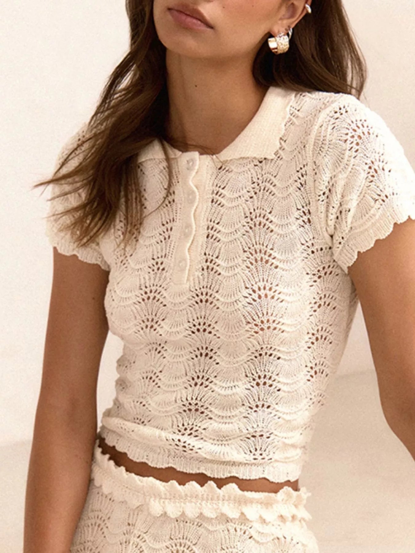 Trendsi Openwork Crochet Knit Polo Top and Shorts Set -