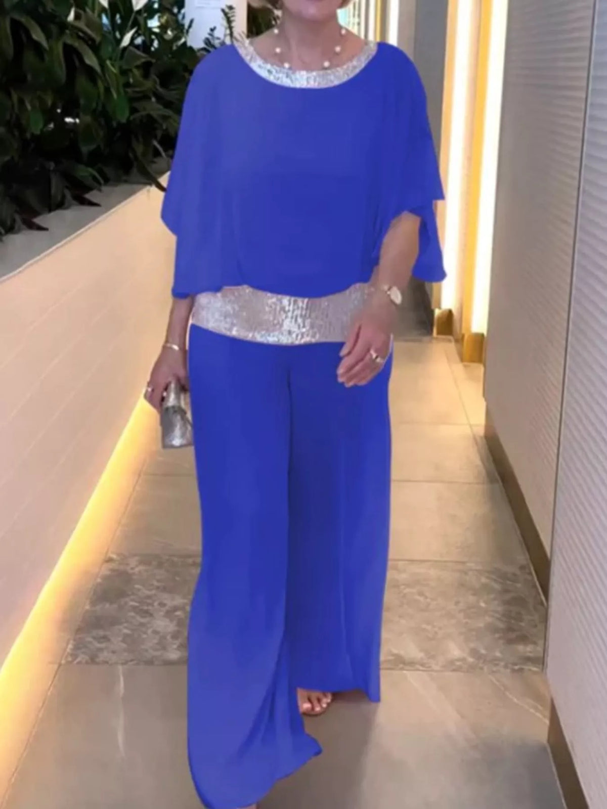 Chiffon Top and Wide-Leg Pants Set — front view