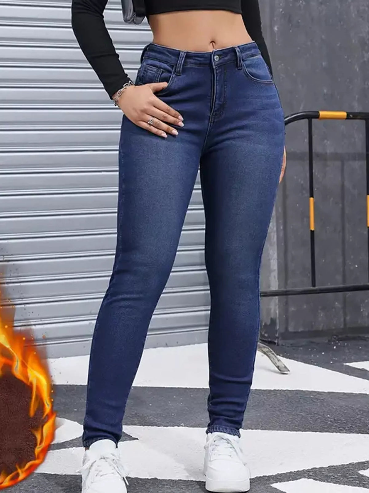 Blue high-waisted fleece-lined skinny jeans