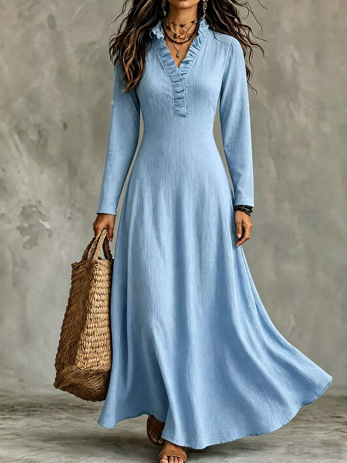 Light blue V-neck maxi dress, front view