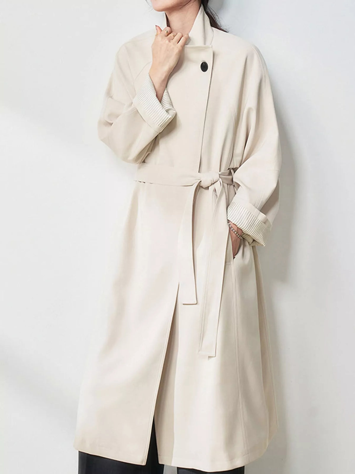 Asymmetric Button Longline Trench Coat in cream