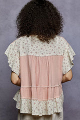 Trendsi POL Floral V-Neck Short Sleeve Ruffled Double Gauze Blouse with Embroidery Detail -