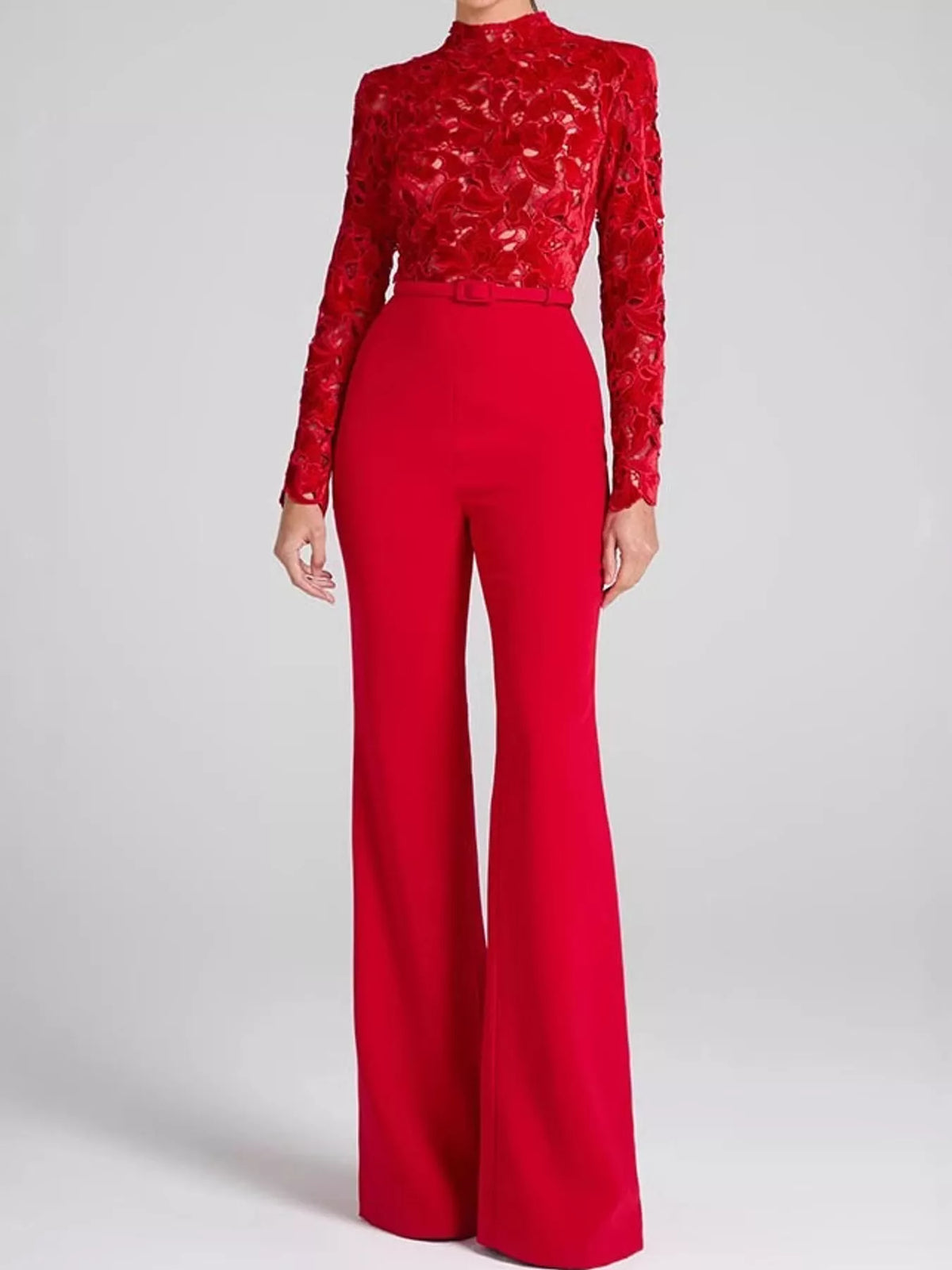 Lace Long-Sleeve Flare Jumpsuit — front view