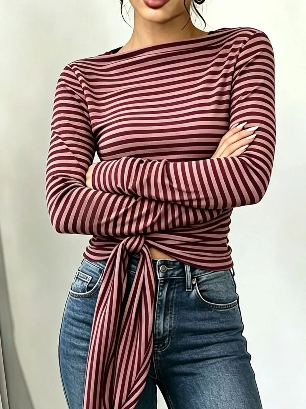 Long sleeve striped T-shirt with front tie