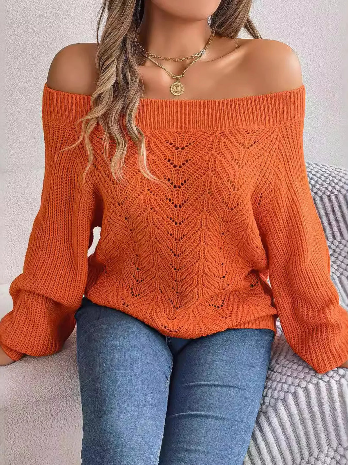 Openwork Off-Shoulder Sweater in orange, front view