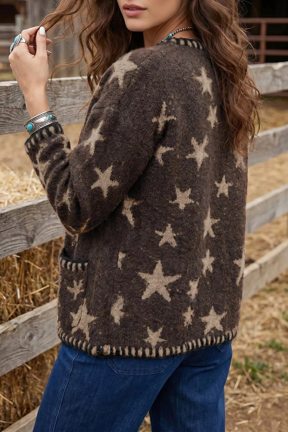 Trendsi Stars Pattern Colorblock Long Sleeve Shift Cardigan -