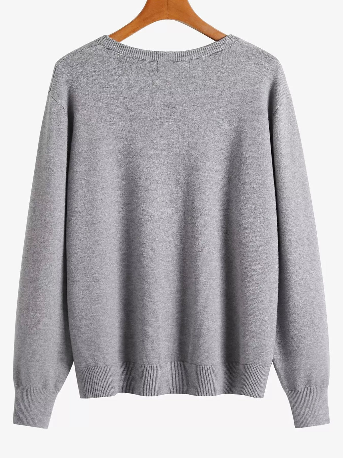 Gray crew neck button down knit cardigan, back view