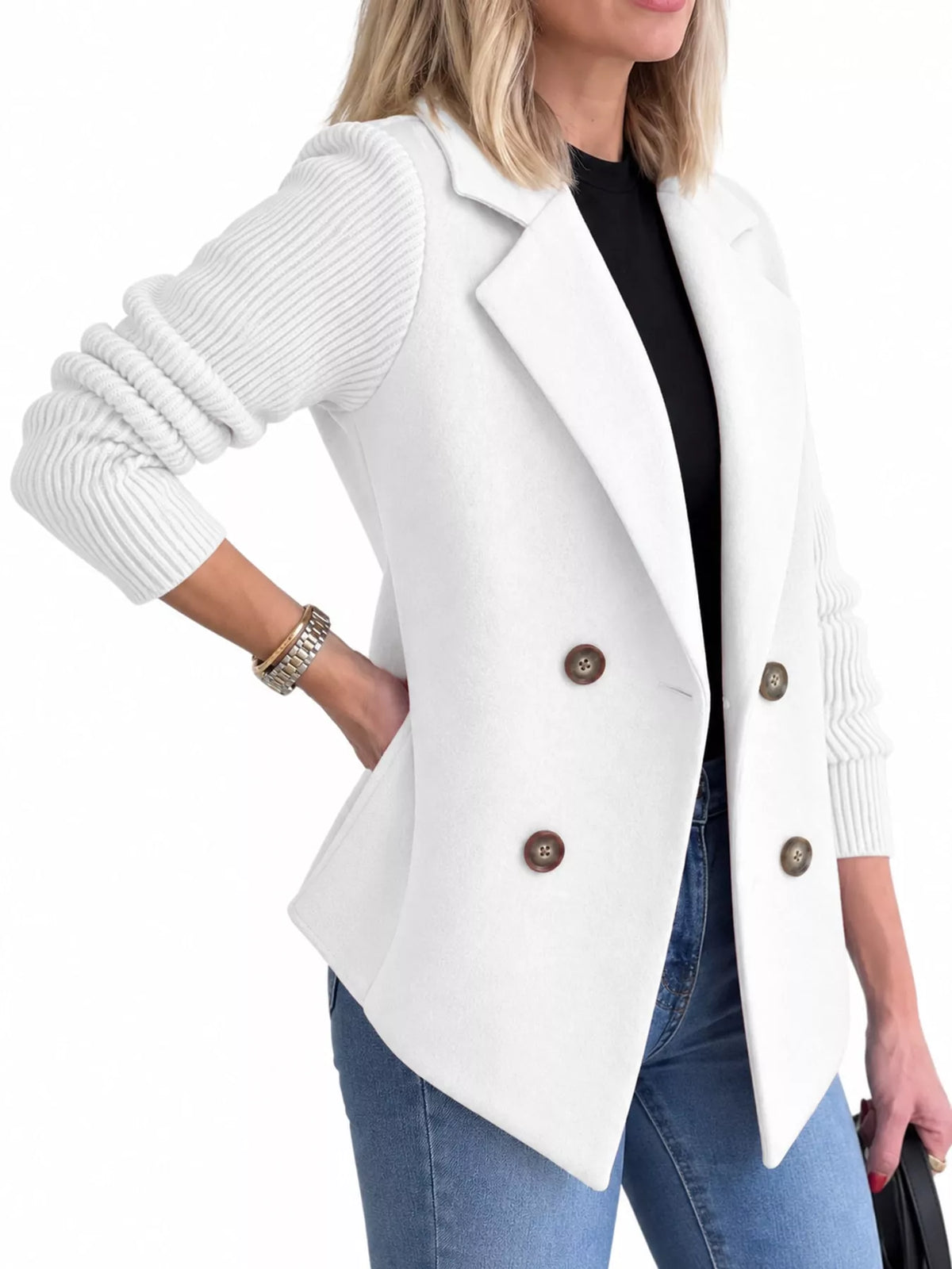 White double-breasted blazer with ribbed knit sleeves