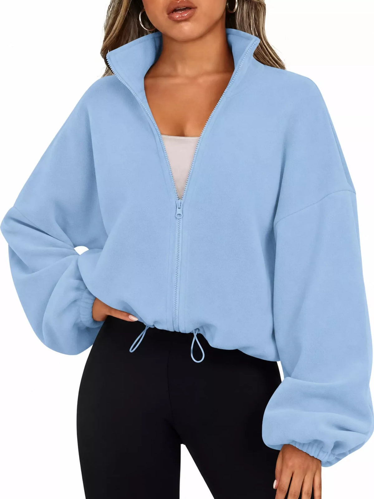 Blue drawstring hem zip-up jacket