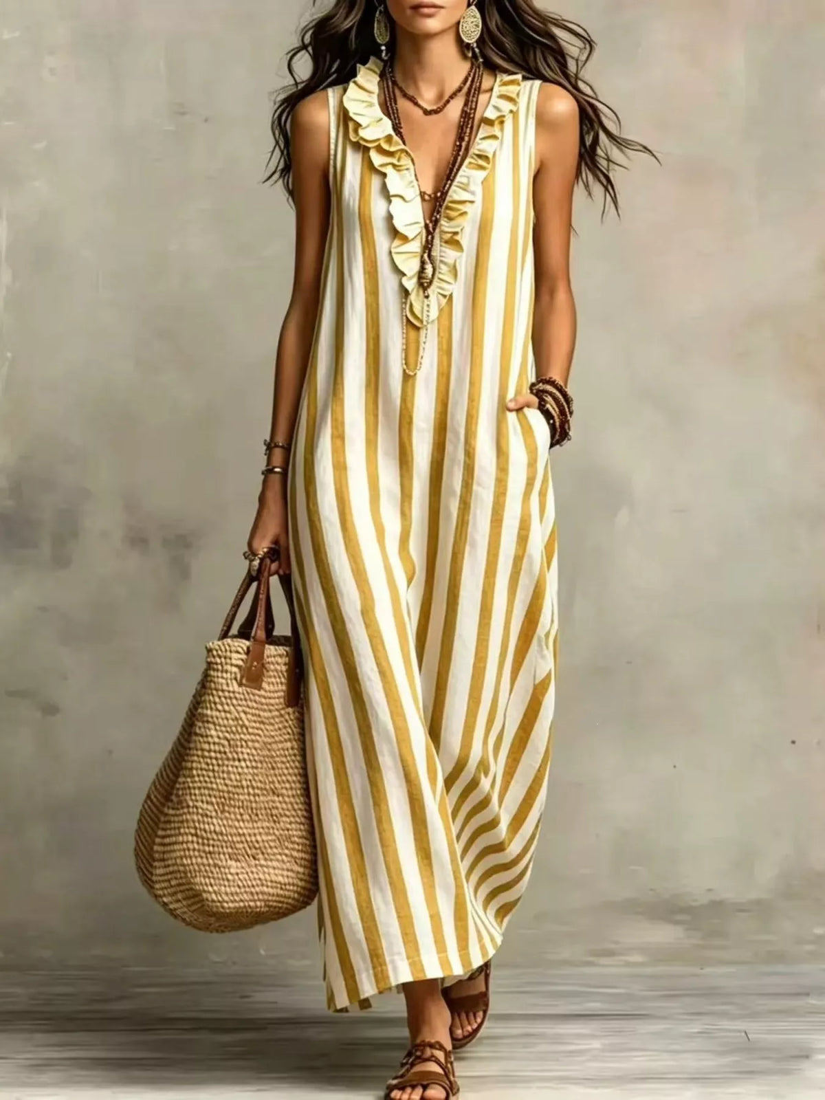 Yellow and white striped sleeveless maxi dress, front view