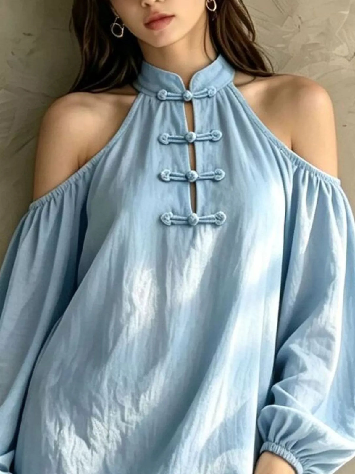 Trendsi Cold-Shoulder Balloon Sleeve Mini Dress -