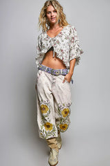 Trendsi POL Ruffle Tie Front Cropped Floral Woven Flutter Sleeve Top -