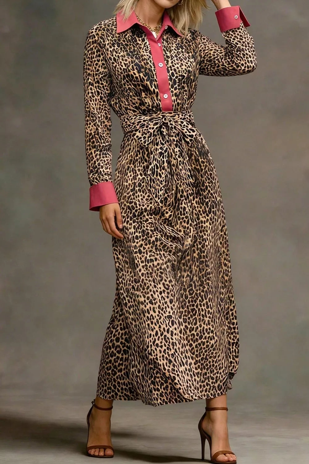 Trendsi Leopard Print Belted Maxi Shirt Dress -