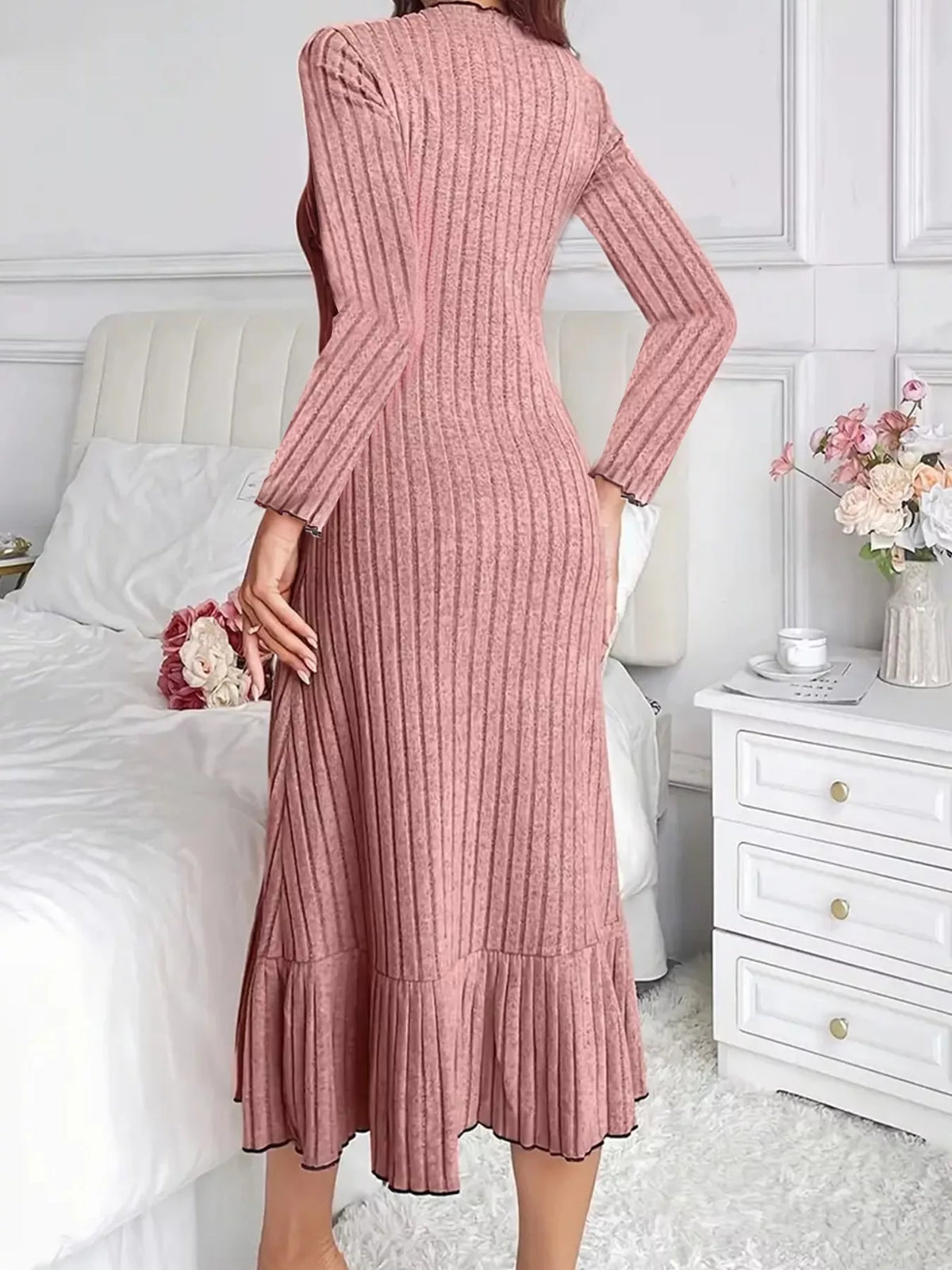 Dusty rose ribbed knit ruffle-hem bodycon dress, back view