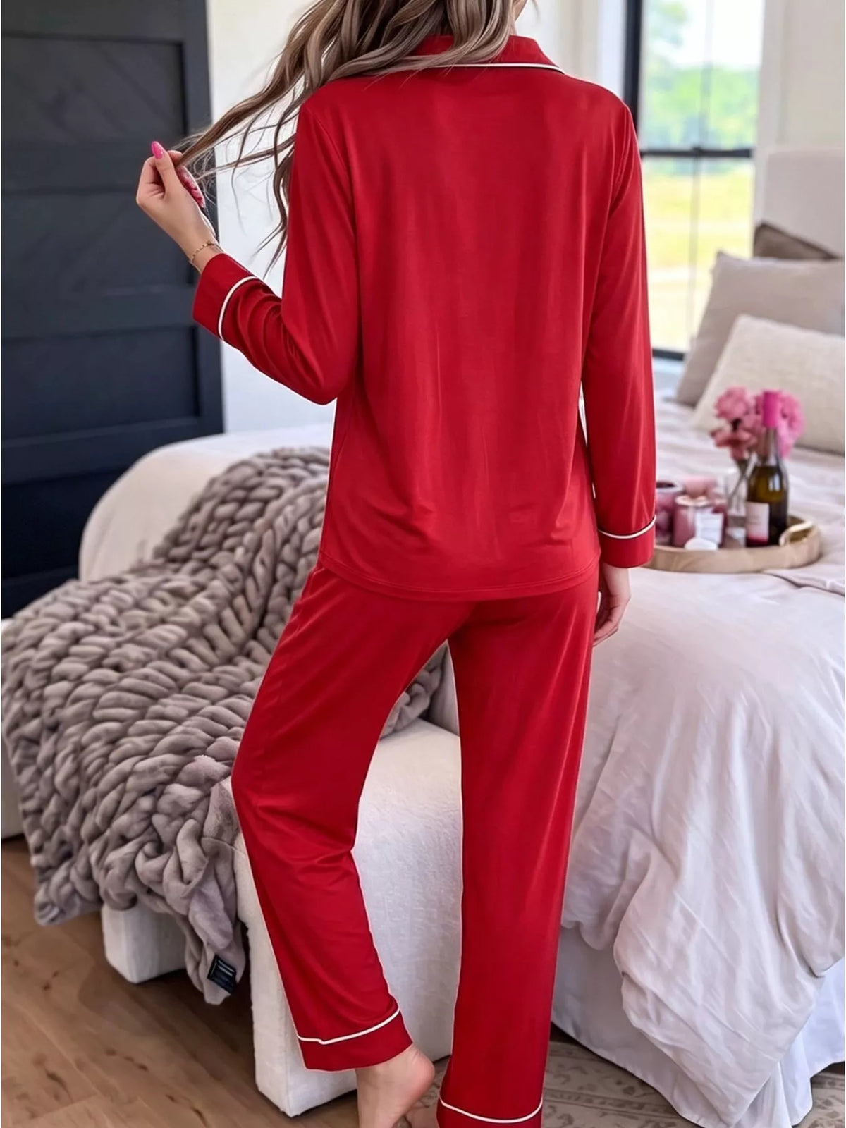 Deep Red bow pocket long sleeve pajama set