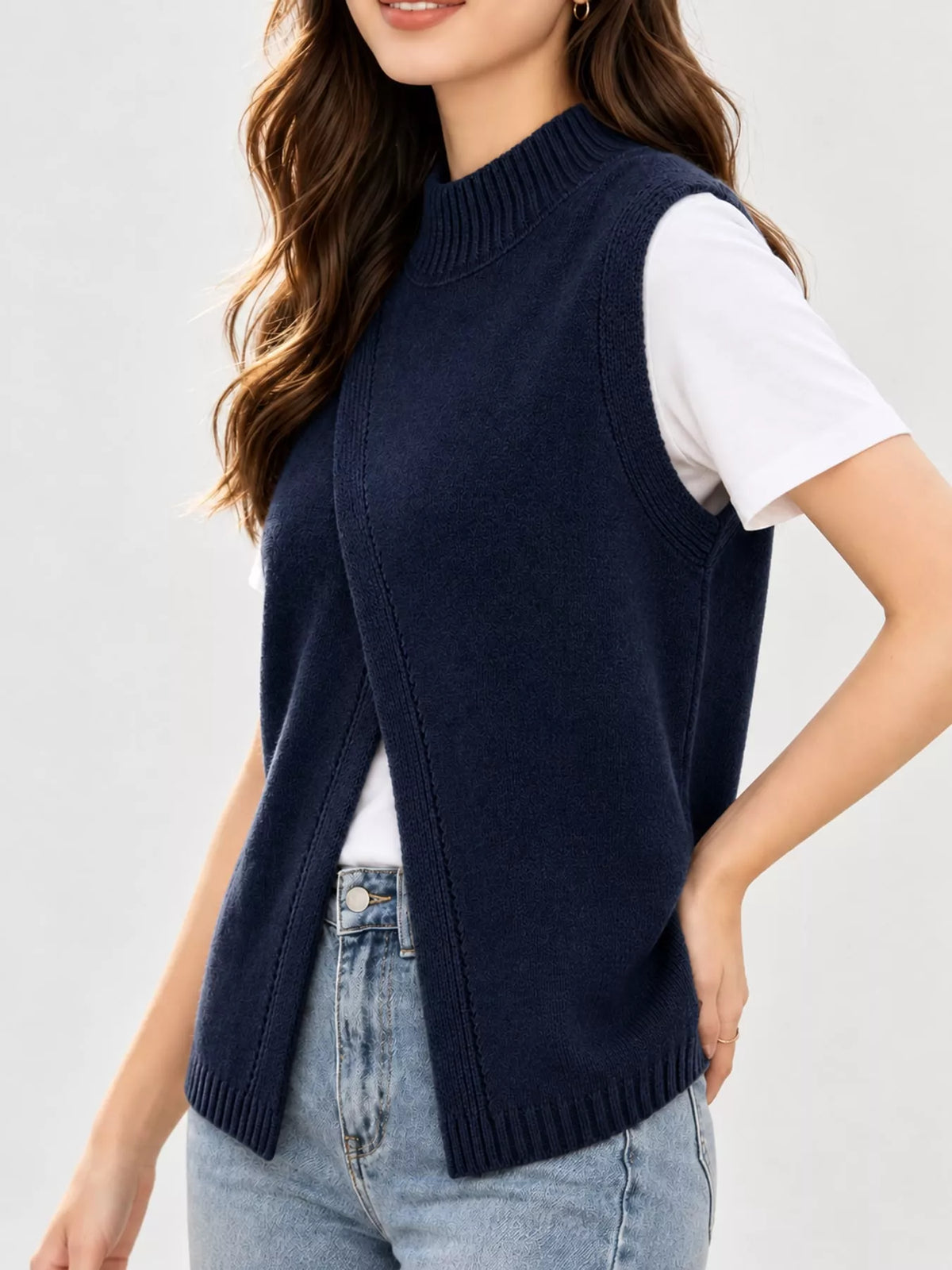 Mock Neck Asymmetrical Hem Knit Sweater Vest in navy blue