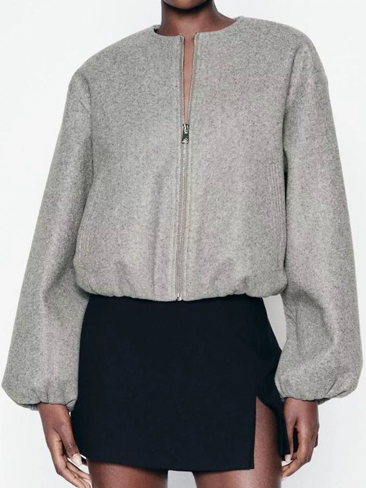 Cropped Round-Neck Zip-Up Jacket — front view