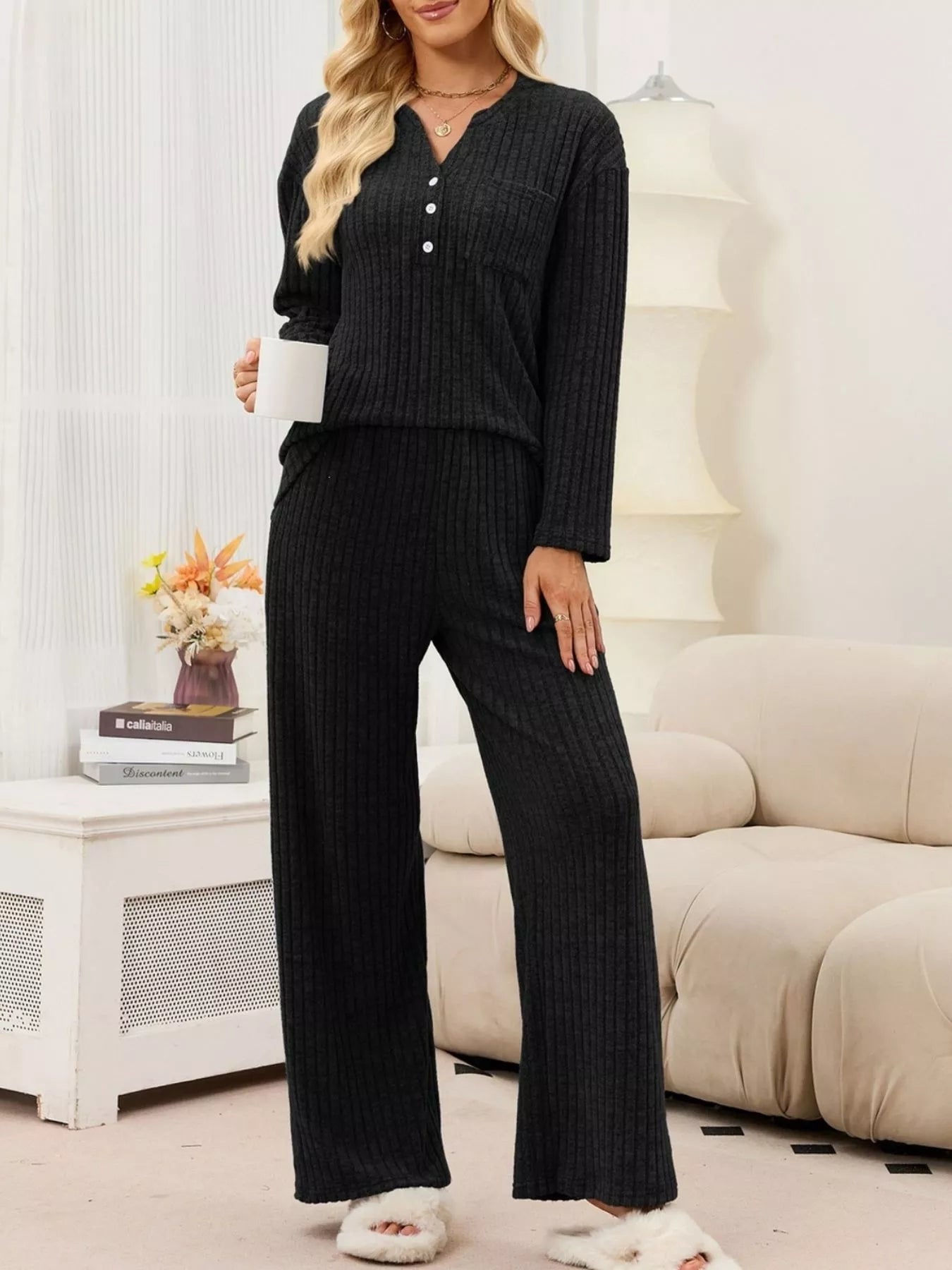 Trendsi Ribbed Knit Top and Wide-Leg Pants Set -