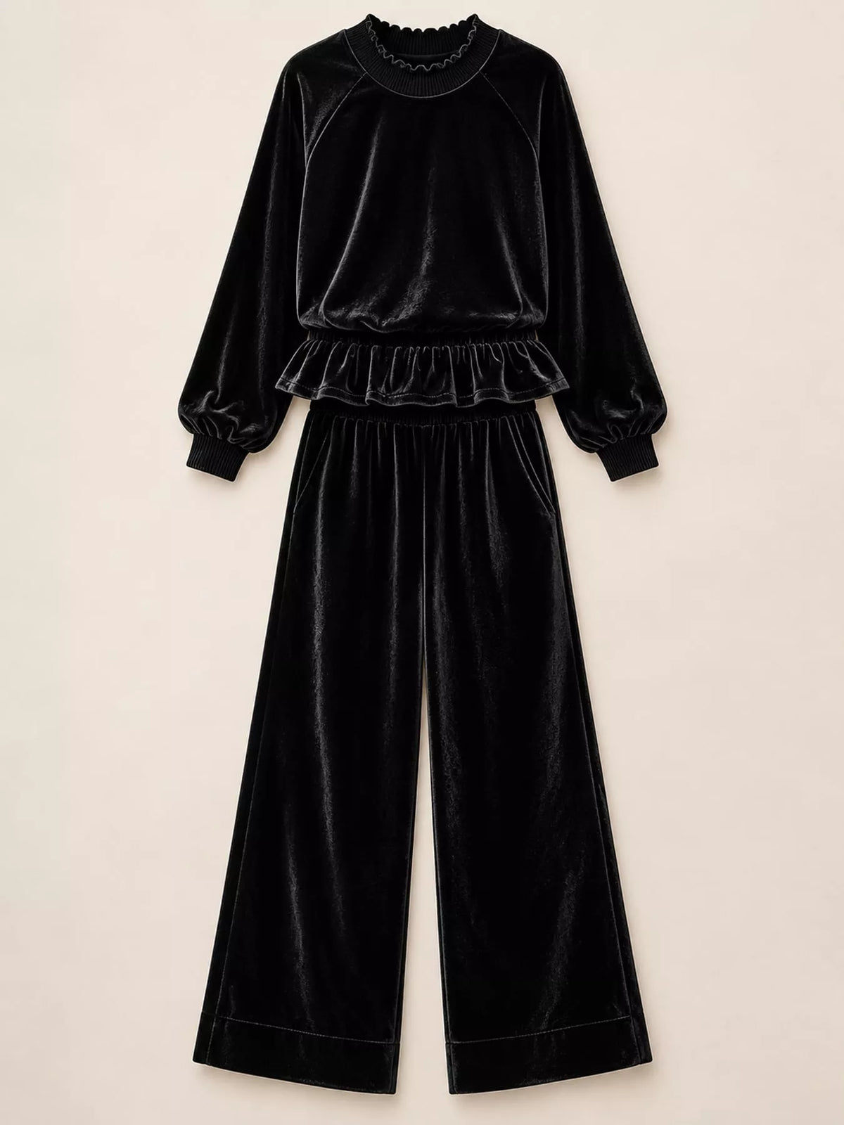 Black velvet ruffled hem top and wide-leg pants set — front view