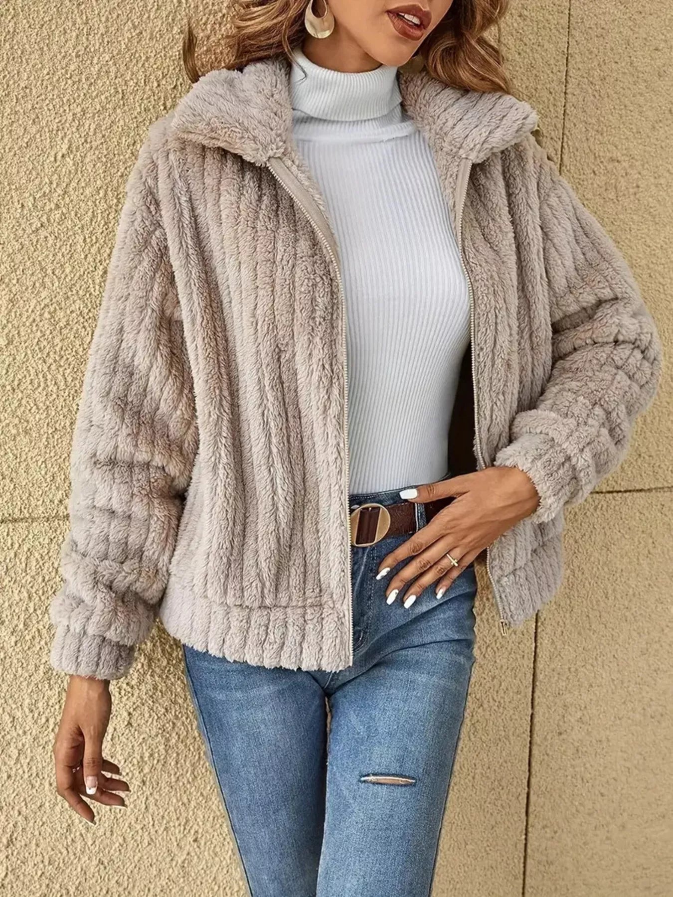 Trendsi Full Size Faux Fur Zip-Up Outerwear Plus Size -
