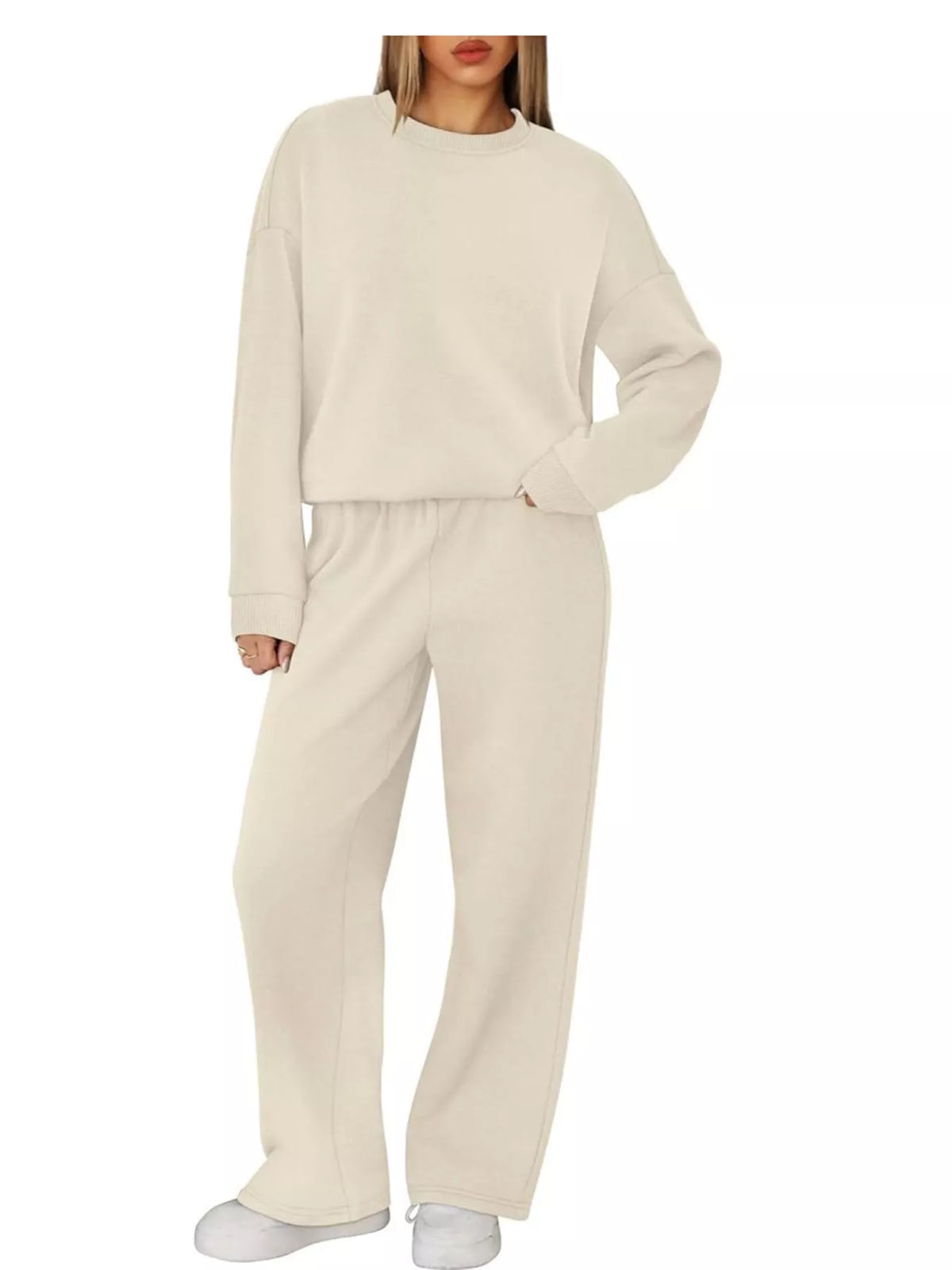 Crewneck Drop Shoulder Sweatshirt and Wide-Leg Pants Set — back view