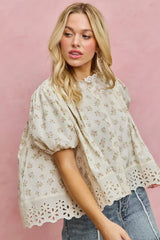 Trendsi SO ME Floral Print Lace Trim Short Sleeves Blouse -