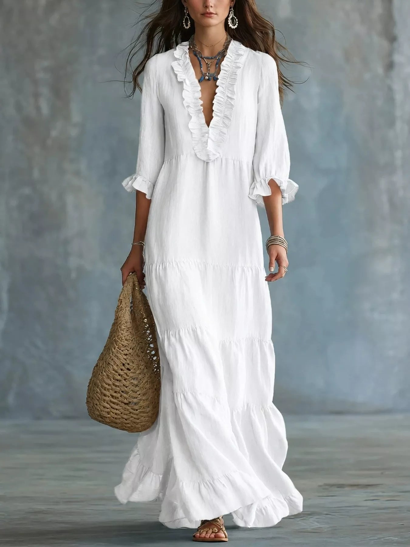 Trendsi Ruffled V-Neck Tiered Maxi Dress -