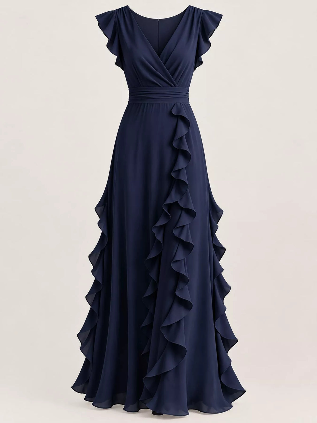 Navy ruffled surplice maxi dress, front product view