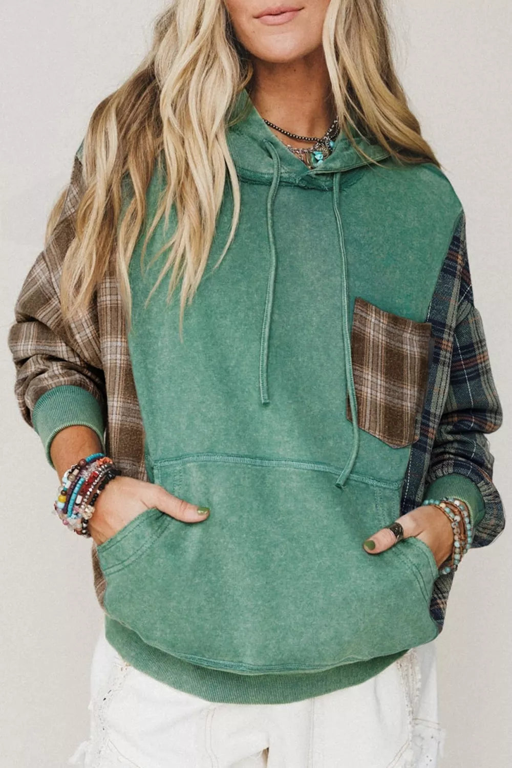 Plaid Kangaroo Pocket Hoodie in green, front view
