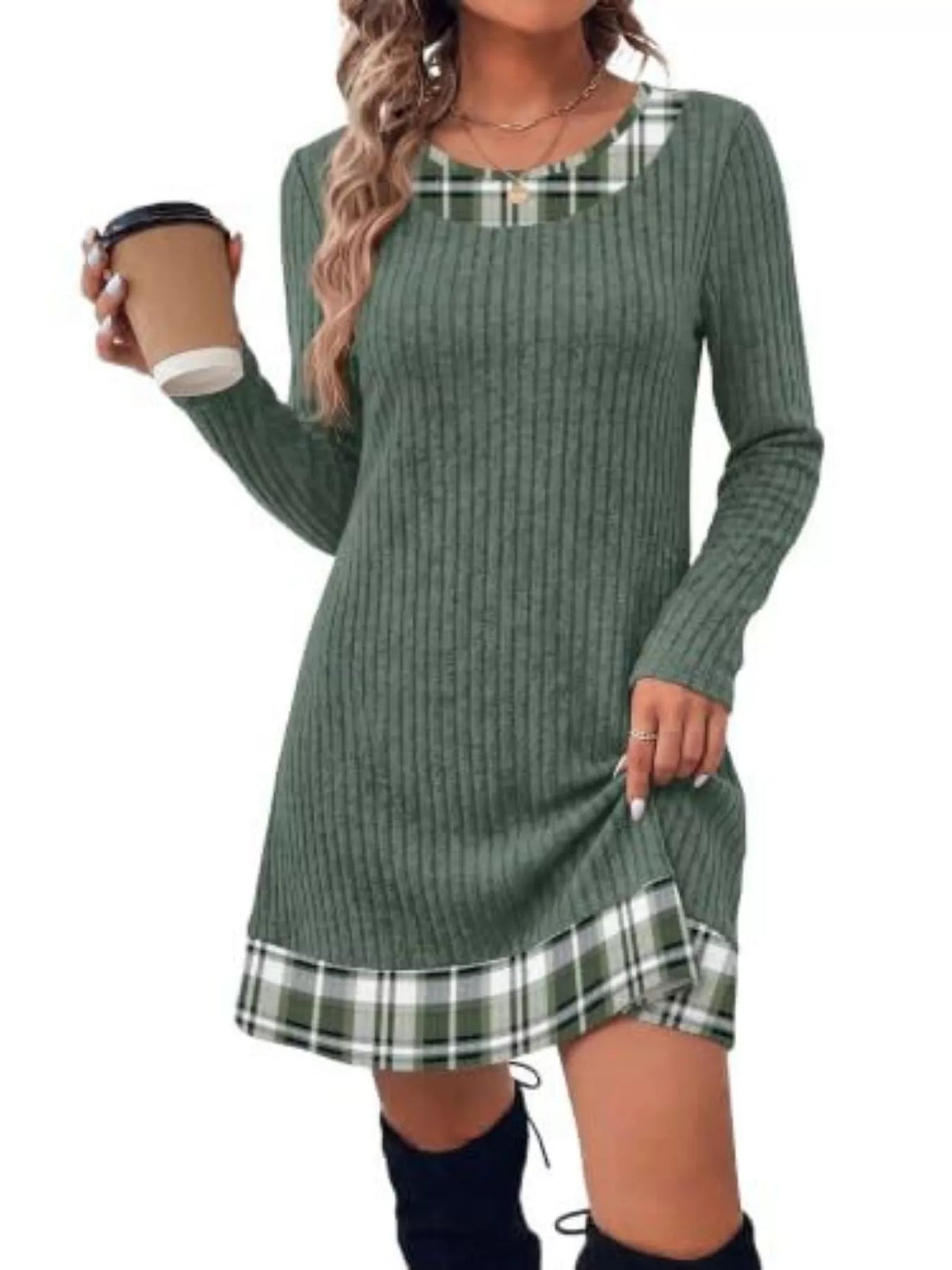 Round neck long sleeve mini dress, front view on model