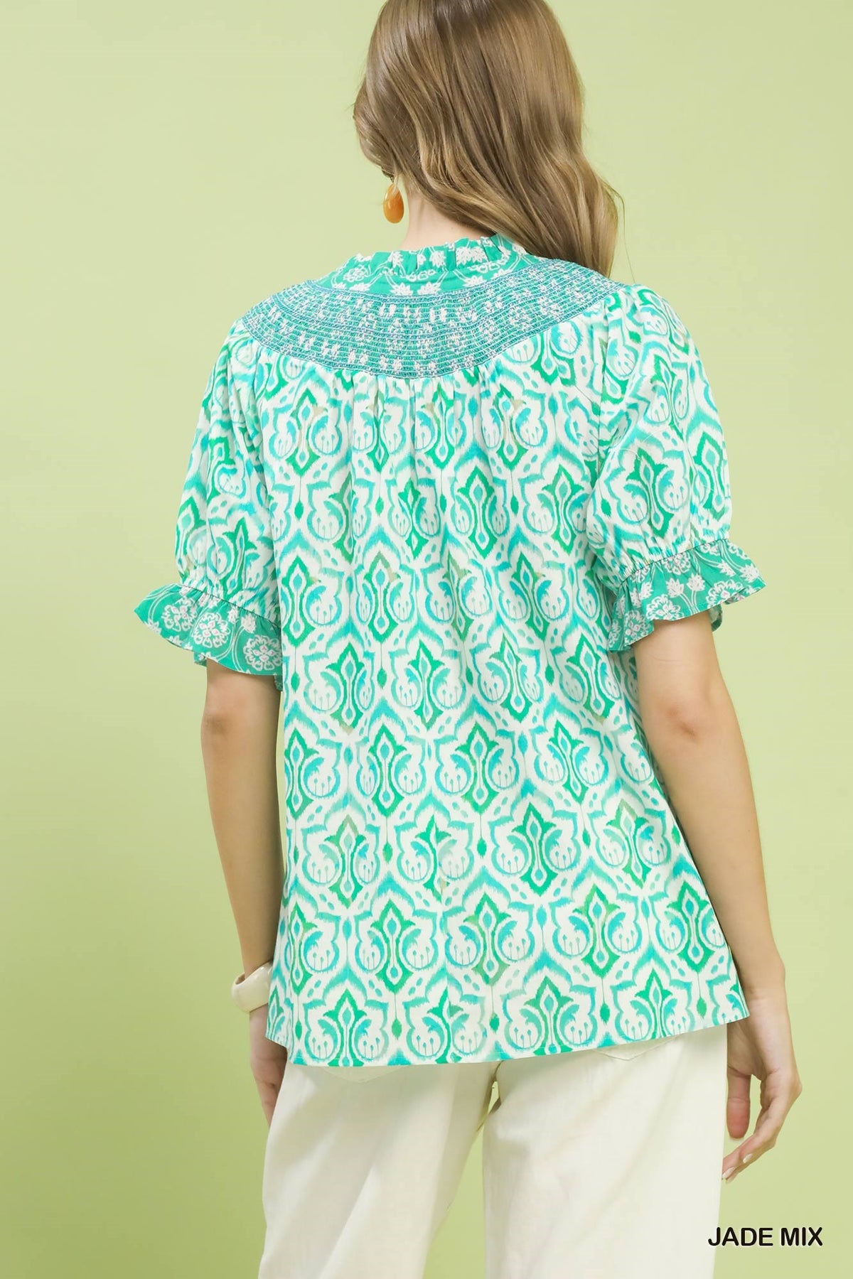 Women's Boho Cotton Puff-Sleeve Smocked V-Neck Top — product view 3