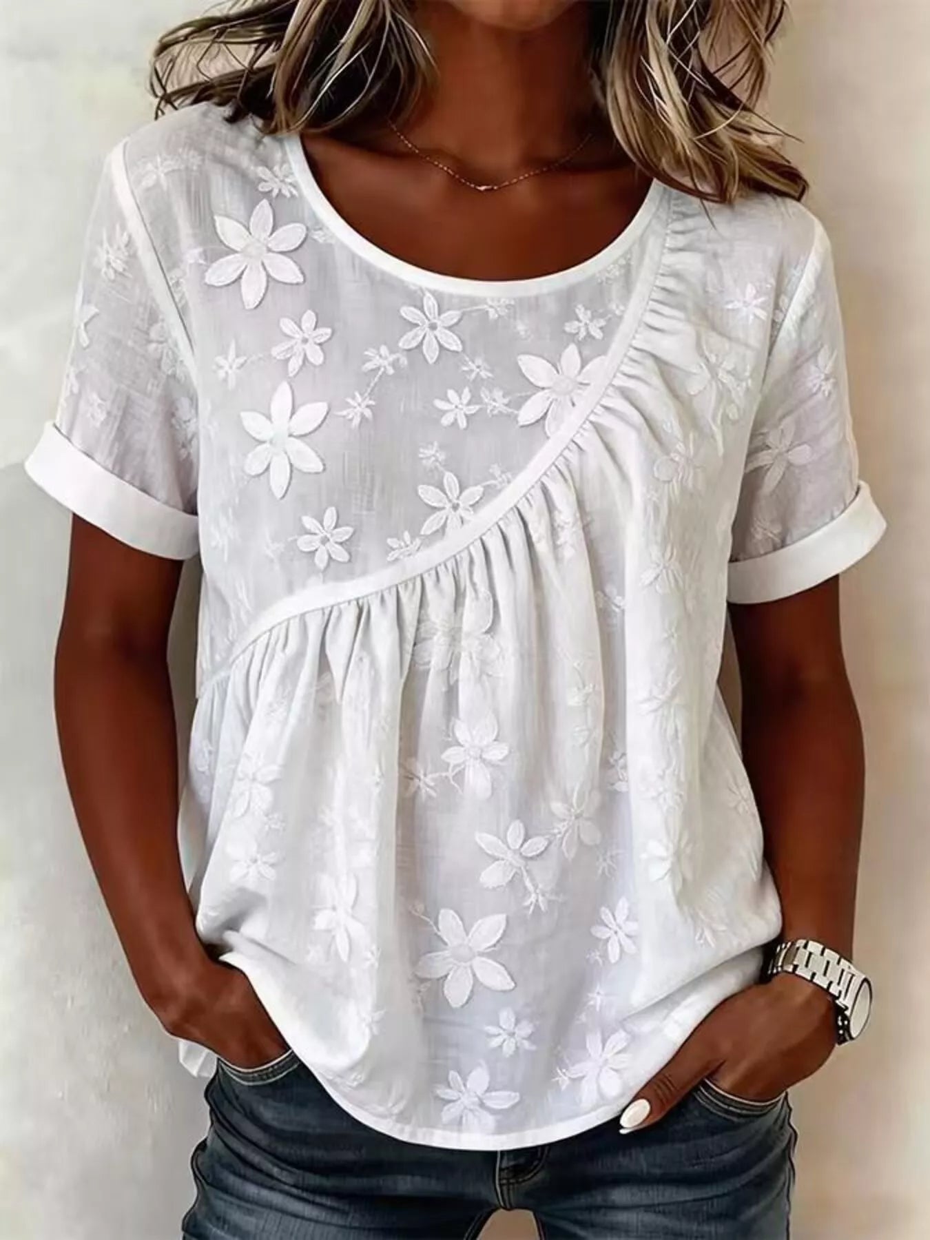 Trendsi Full Size Floral Embroidered Round Neck Short Sleeve Top Plus Size -