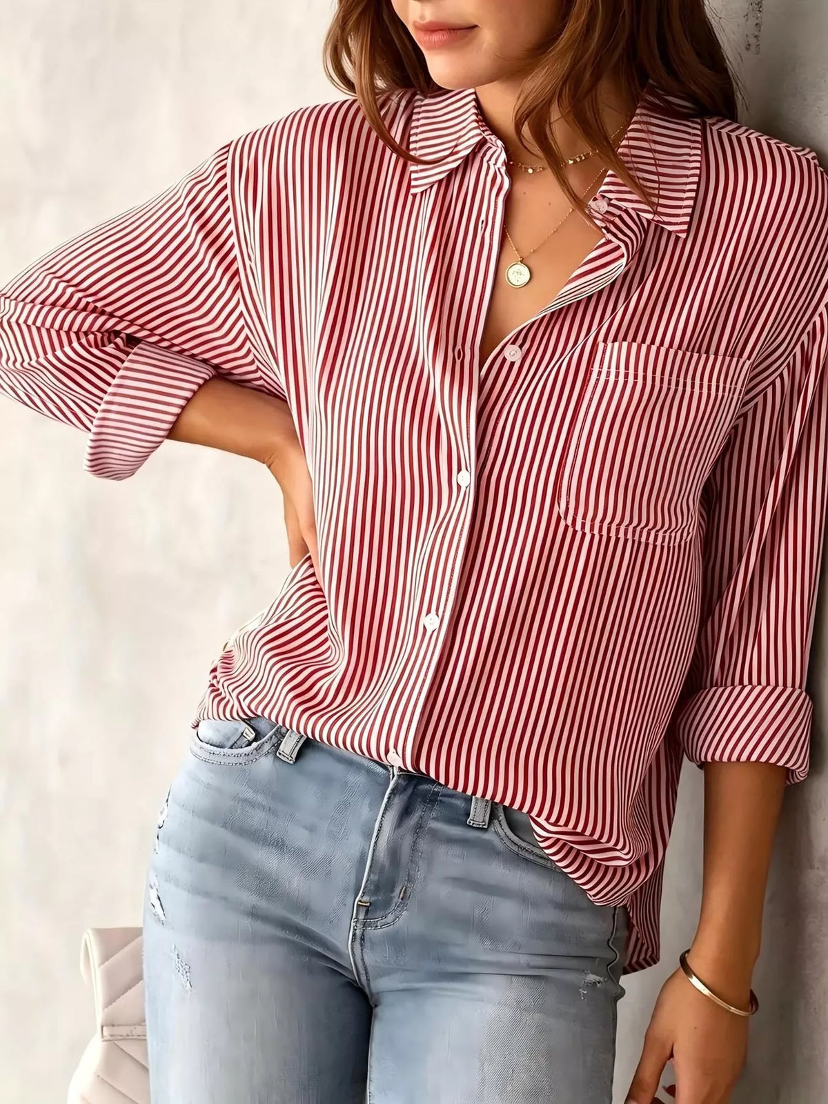 Striped long shirt, red front