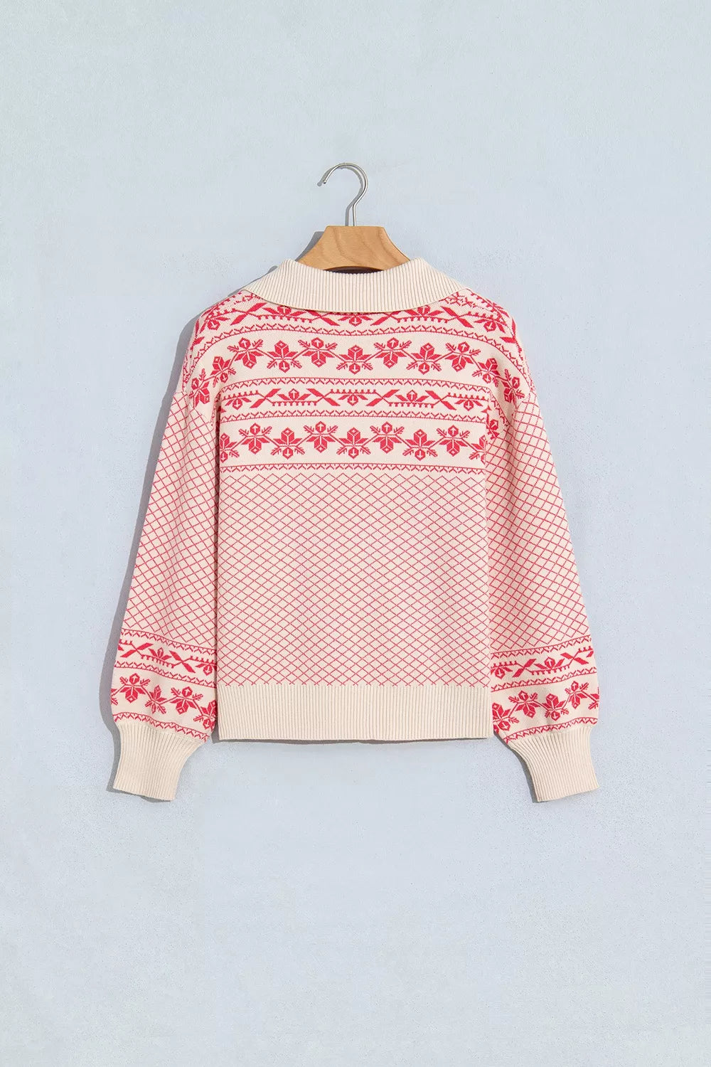 Pale Blush Fair Isle Quarter-Button Mock Neck Sweater back view on hanger