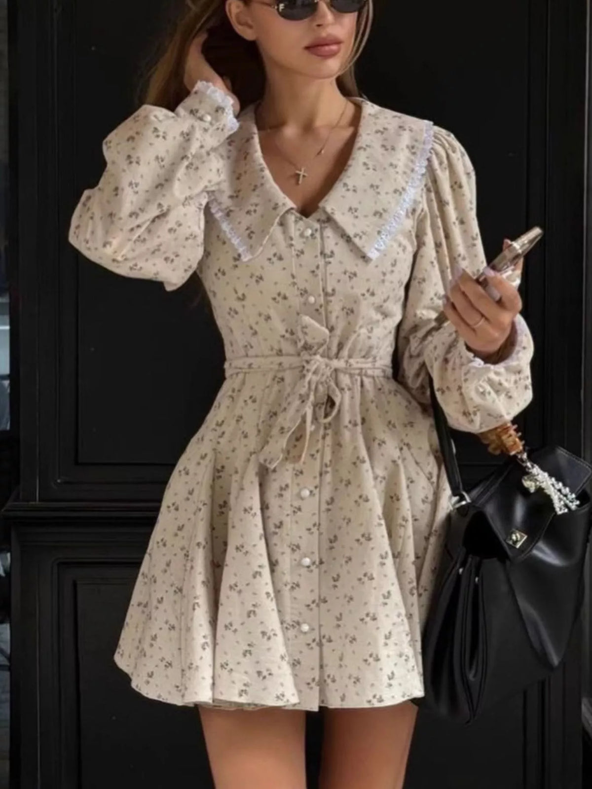 Beige Floral Puff-Sleeve Button-Front Midi Dress front lifestyle view