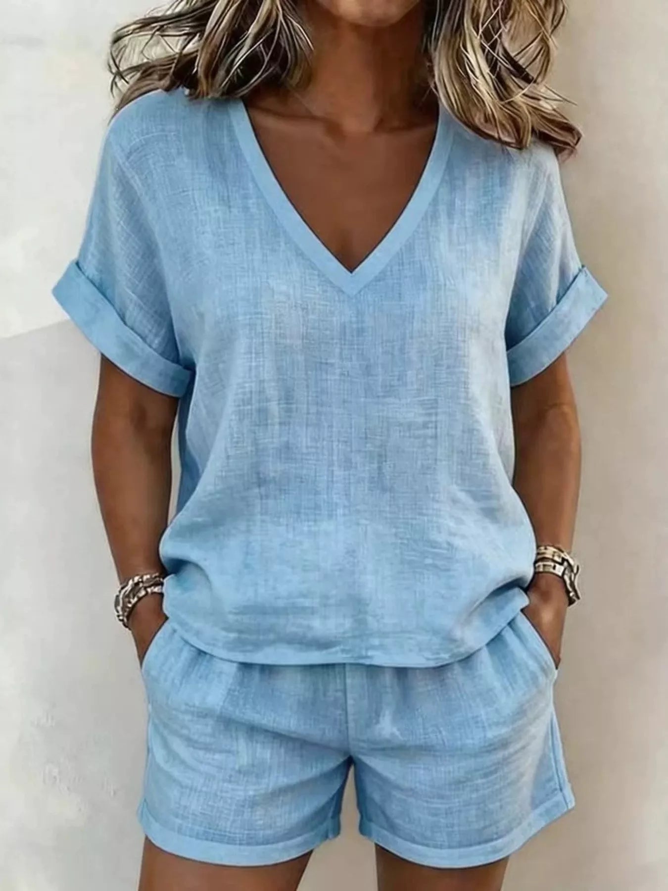 Trendsi V-Neck Linen Blend Short Sleeve Top and Shorts Set -