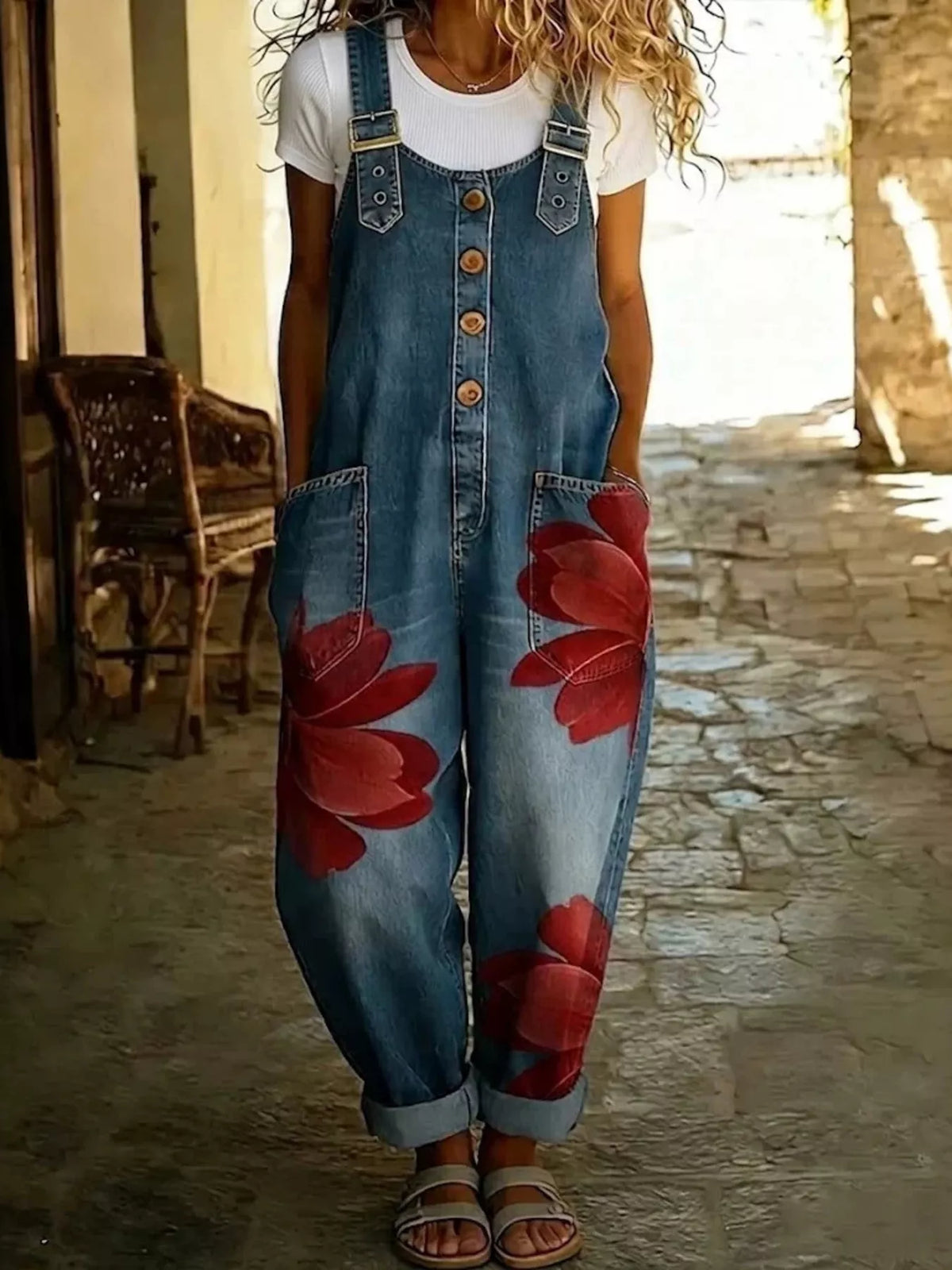 Blue and red floral floral print button front overalls — front view
