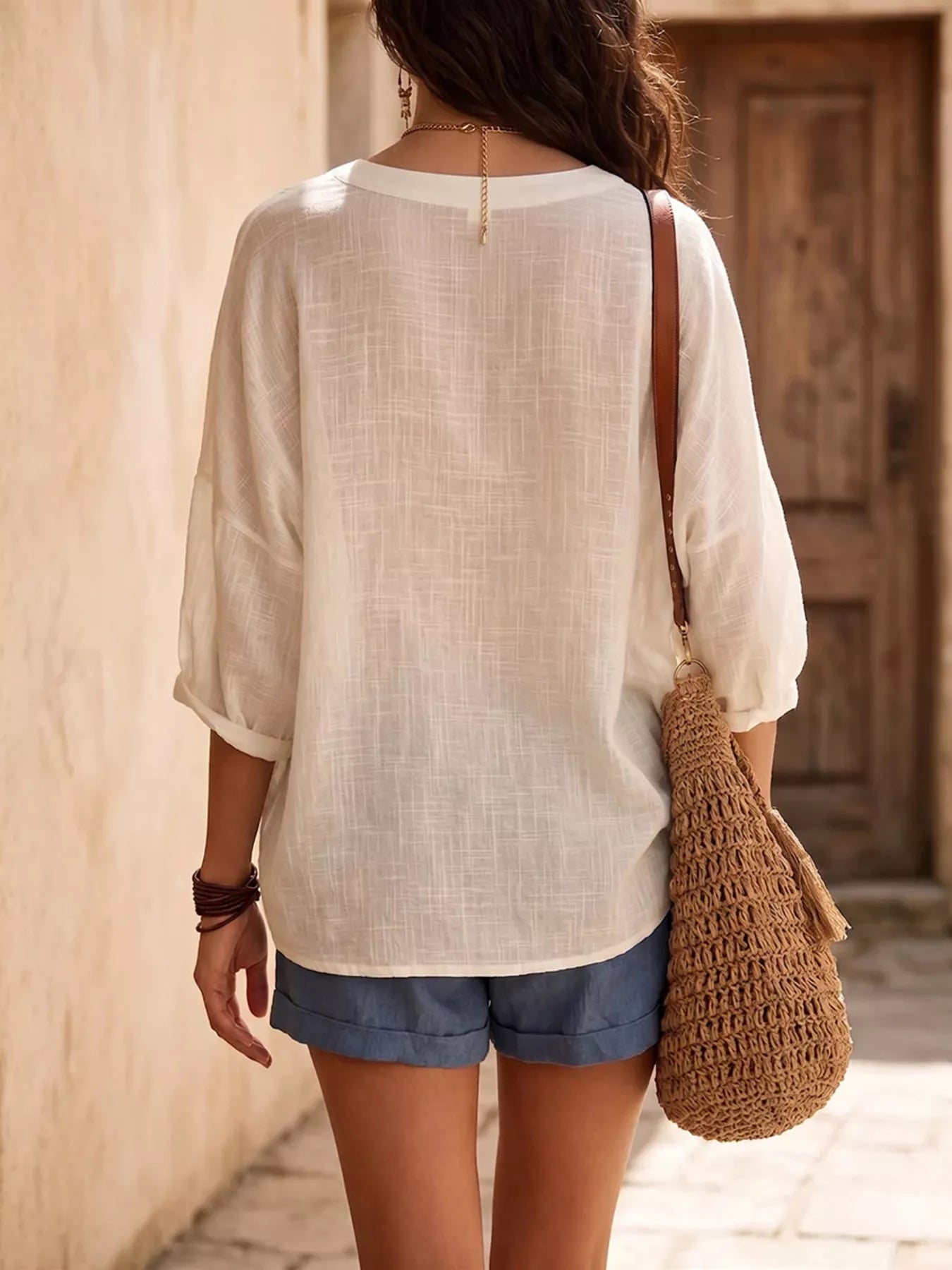 Trendsi Full Size V-Neck Loose Fit Linen Blend Blouse Plus Size -