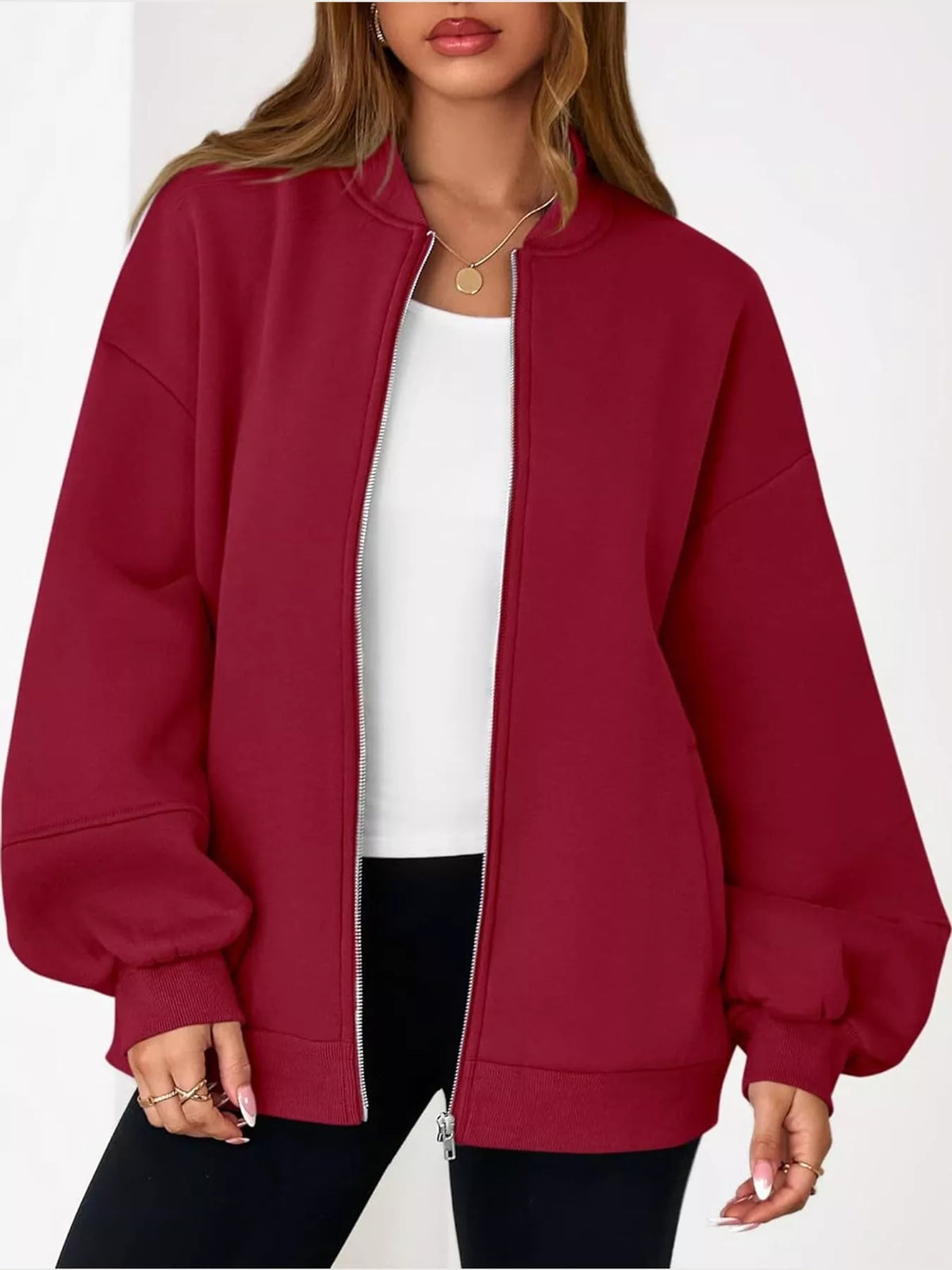Red oversized zip-up jacket — front view